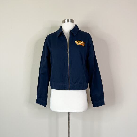 Vintage | 90s Looney Tunes Bugs Bunny Navy Blue That's All Folks Zip Jacket M - Picture 2 of 11